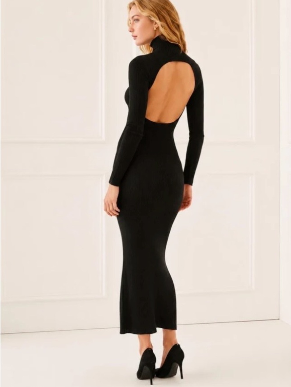 Something Navy Black Turtleneck open back sweater Maxi Dress